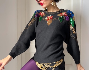 Jersey vintage de los 80 con lentejuelas negras y estampado floral / Jersey de punto de algodón ramio
