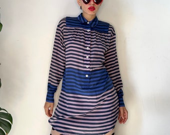 SONIA RYKIEL Blusa a rayas vintage, camisa con cuello de seda de algodón Y2K, vestido camisero, blusa larga rosa azul, botón de diseñador hacia abajo, estilo Twee