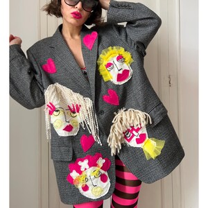 Unique Patchwork Wool Blazer, Women's Face Embroidery, Upcycled Art Jacket, Statement Piece