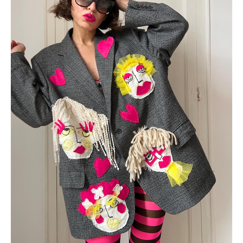 Unique Patchwork Wool Blazer, Women's Face Embroidery, Upcycled Art Jacket, Statement Piece