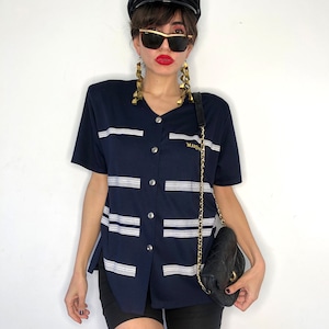 Vintage 80s Sailor Knit Top: Navy Striped Cardigan