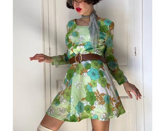Vintage 60s Green Floral Mini Dress Sheer Sleeves Empire Waist Mod A Line Party