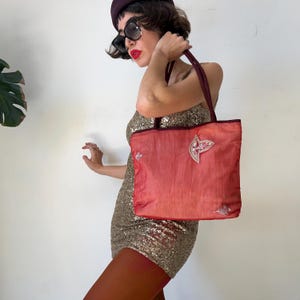 Vintage Y2K Red Mesh Shoulder Bag, Boho Embroidered Shopper, 2000s Fairycore Aesthetic Tote, Gypsy Style Festival Bag