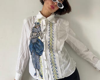 Hand Painted Harlequin Blouse, Vintage Wearable Art Cotton