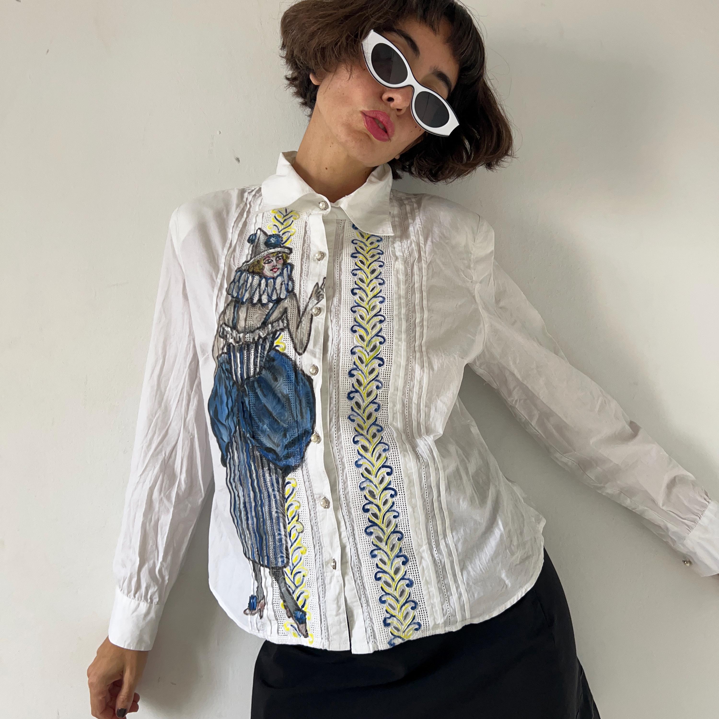 Hand Painted Retro Pierrot Cotton Shirt, Reworked