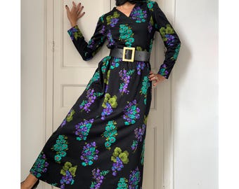 Vintage 70s Floral Maxi Dress, Psychedelic Mod Gown, Boho Hippie
