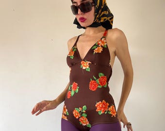 Vintage 90s Brown Floral Swimsuit: High Leg Open Back Cross Strap Bodysuit Luxe Beachwear