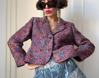 Marynarka Vintage z lat 90. z gobelinowym wzorem w kwiaty i paisley | Bordowy, turkusowy, boho, barokowy nadruk