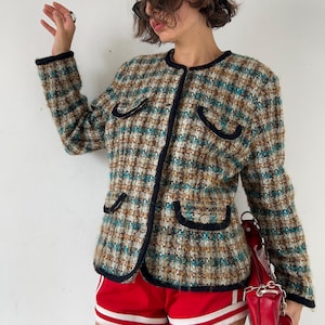 Vintage 90s Plaid Tweed Blazer: Wool Mohair Cropped Jacket