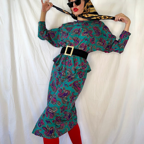 Vintage Peplum Dress, 90s Paisley Print Midi Dress, Front Slit Elastic Waist Bracelet Sleeve Green Pink Purple Dress, Preppy Streetwear