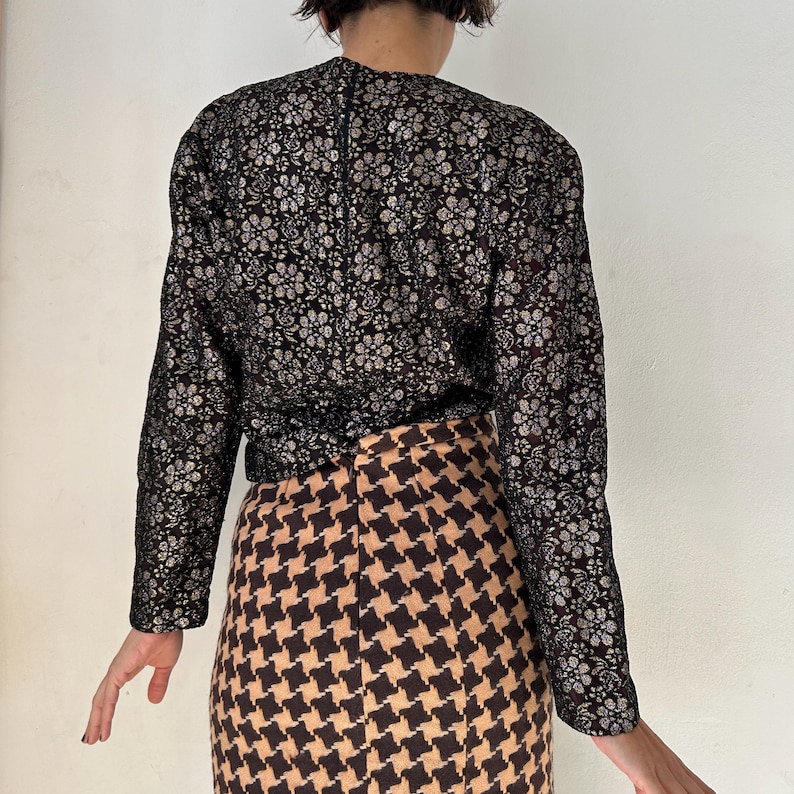 Vintage 80s Cropped Lurex Floral Jacket, Structured Evening Chic Brocade Blazer