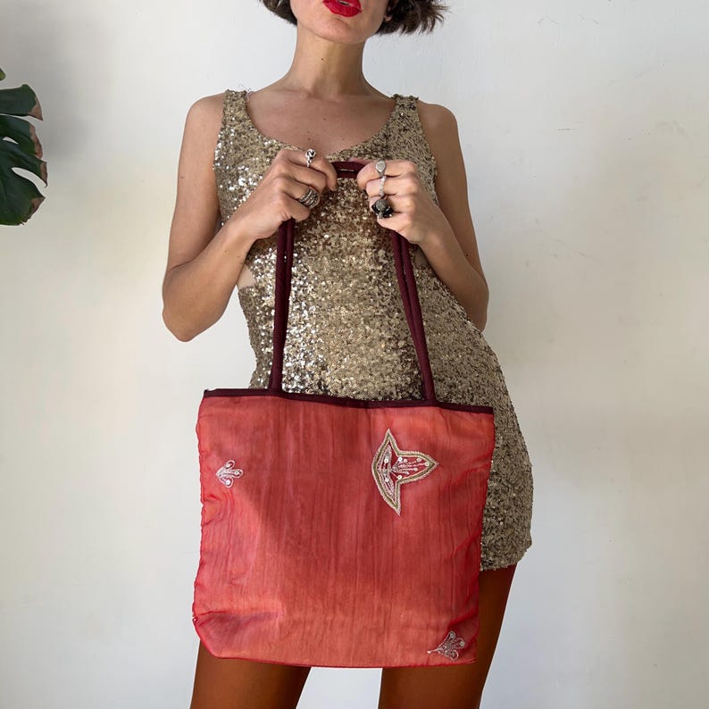 Vintage Y2K Red Mesh Shoulder Bag, Boho Embroidered Shopper, 2000s Fairycore Aesthetic Tote, Gypsy Style Festival Bag