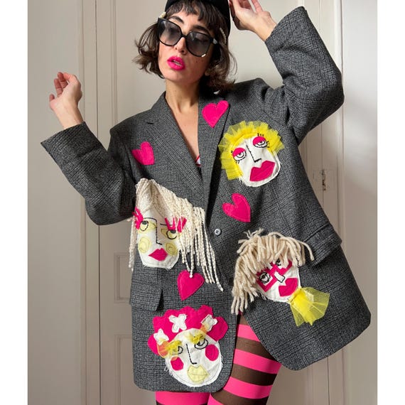Oversized Patchwork Art Blazer, Reworked Wool Jacket with Face Appliqué, OOAK Statement Coat
