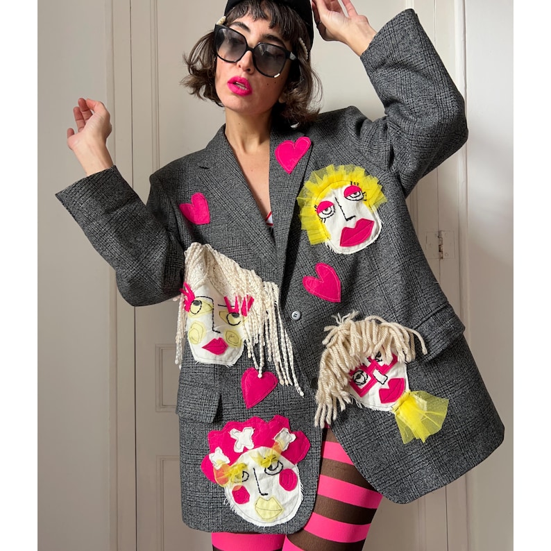 Unique Patchwork Wool Blazer, Women's Face Embroidery, Upcycled Art Jacket, Statement Piece