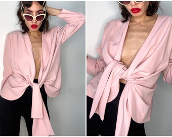 Vintage Pink Tie Blazer, 80s Barbiecore Wrap Jacket, Shoulder Padded Deep V Neck Blazer, Self Tie Belt Jacket