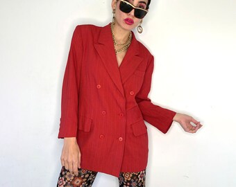 Vintage Red Long Blazer, 80s Pinstripe Jacket, Shoulder Padded Red Blazer, Red Blazer Dress, Casual Office Blazer by Stefanel