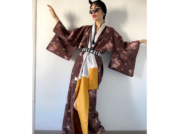 グランドセール 漫画 Vintage Long Kimono, Traditional Brown Print Floral 70s その他