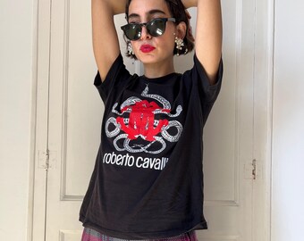 Vintage Y2K Roberto Cavalli T-shirt: Black Cotton Snake Graphic