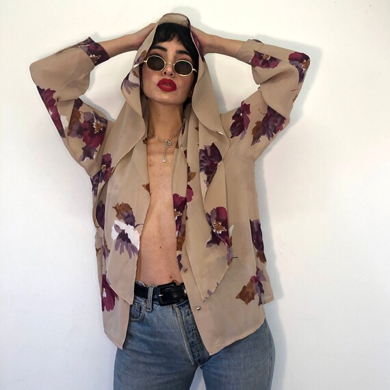 Vintage floral bow sheer nude blouse. 80s cape she