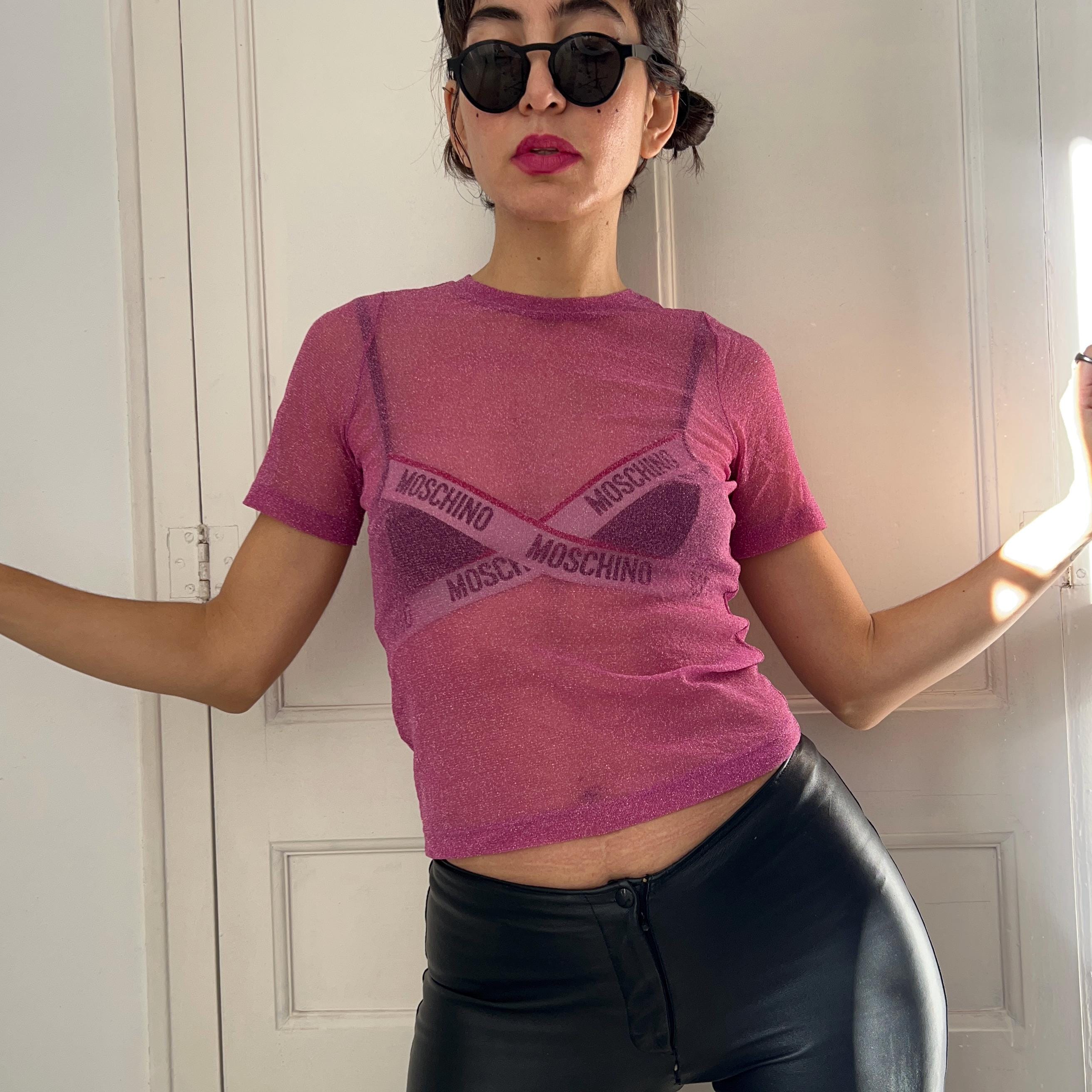 Vintage Y2K Sheer Pink Glitter Mesh Top: 2000s Hot Pink Sparkly