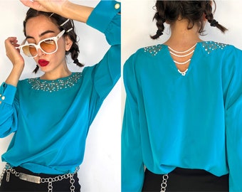 Vintage Embroidered Turquoise Blouse, 80s Embellished Shirt, Pearl Trim Party Blouse, Back V Neckline Blouse, Long Sleeved Evening Top