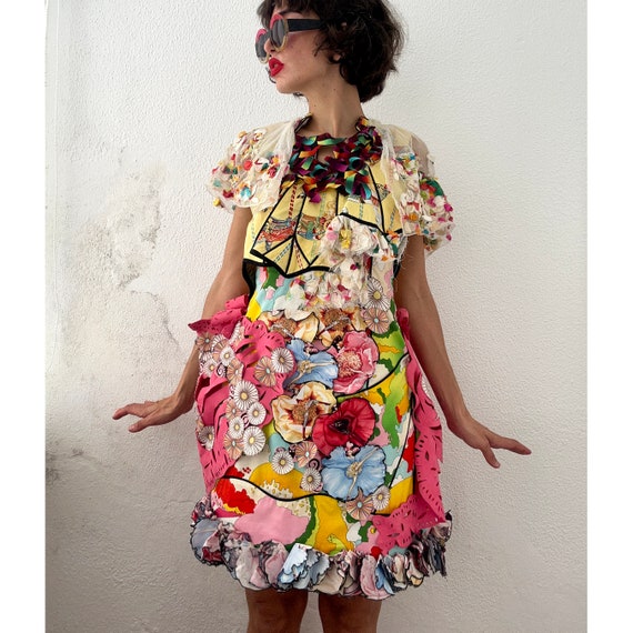 Handmade Patchwork Dress Unique Asymmetric Designer Wear Theatrical Awarded Catwalk Fashion Confetti Cotton Avant garde Statement Piece Etsy