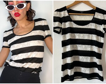 Vintage Caroll Slim Fit Striped Lace T-shirt, Y2K Scoop Top, Black and White Striped Tee, Short Sleeve T-shirt, Stretchy Top