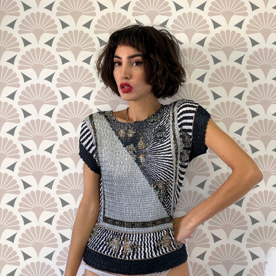 90s Popcorn top. Printed micropleated top from th