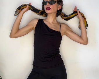 Vintage Versus Versace Black Tank Top, 90s Minimalist Stretchy Tee, Asymmetric Shoulders top, Sleeveless T-shirt, Strappy Top, Sporty Chic