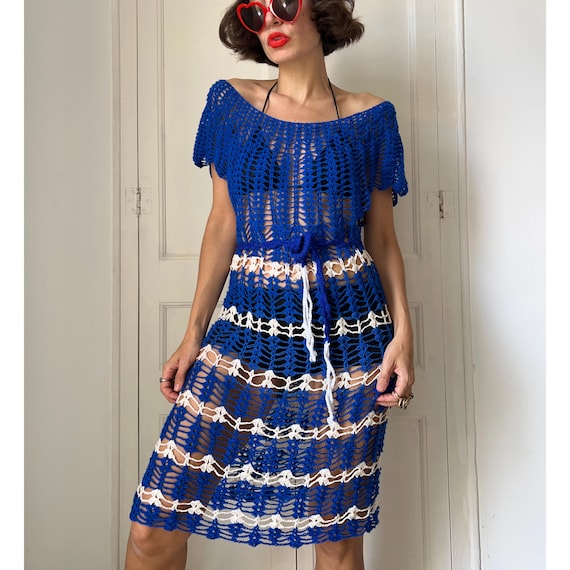 crochet midi dress blue Vintage 70s Striped Open Knit Short Sleeve Boho Festival Style Alexis dress $2391 Michael Kors Collection SP26D6-family The melange explores the Color:Antique Floral Burnt Orange