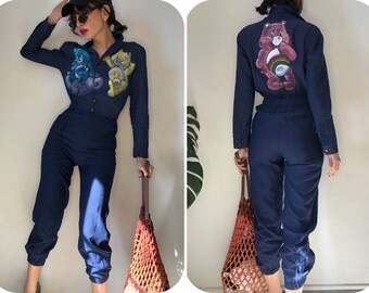 Vintage Cartoon Jumpsuit, Hand Painted Care Bears Blue Overall, Reworked Y2K Jumpsuit, Custom Graphic Overall, Painted Jumpsuit