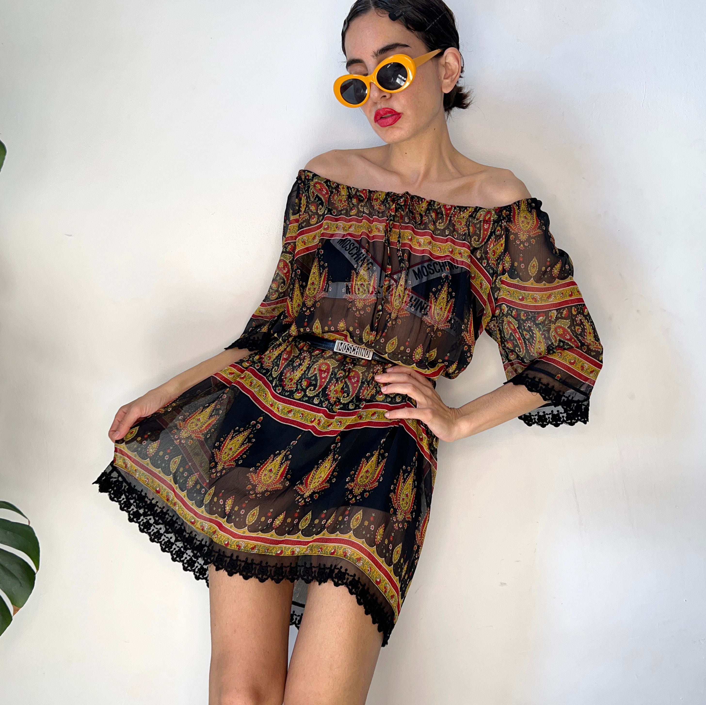 Vintage Paisley Sheer Mini Dress: Y2K 70s off Shoulder Lace