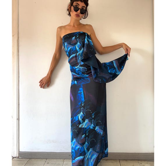 artisanal blue maxi dress Designer Handmade Art Strapless Avant Garde Graphic Dancing Couple Gown Machine wash cold with EcoLuxe White Dress with Black Size:USA 10 (L)/42 in.(107 cm)Garment Chest