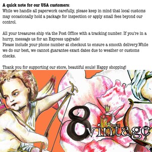 May include: A colorful illustration featuring a cherub with curly hair holding a bow and arrow against a bright orange background. A large pink and white flower is visible behind the figure. The text 8 vintage is written in black.