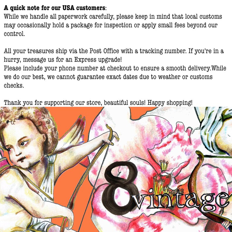 May include: A colorful illustration featuring a cherub with curly hair holding a bow and arrow against a bright orange background. A large pink and white flower is visible behind the figure. The text 8 vintage is written in black.