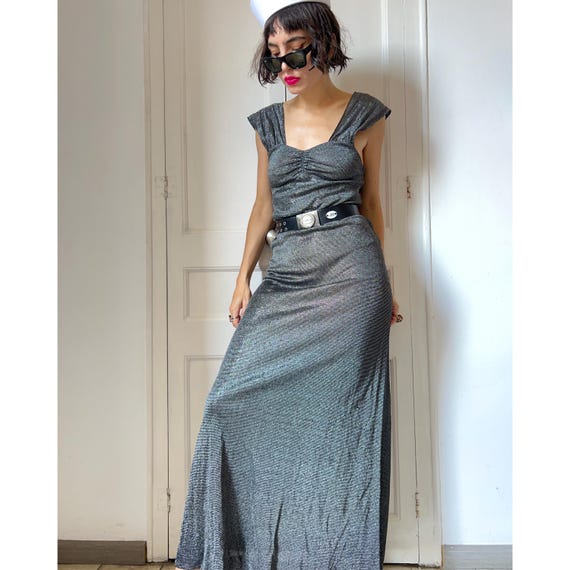 Vintage 90s Silver Metallic Lurex Maxi Dress Ruched Bust Cap Sleeve Evening Gown Bodycon