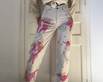 Hand Painted Art Jeans, Pop Art Angel High Waist Graphic Denim Trousers, OOAK Pants