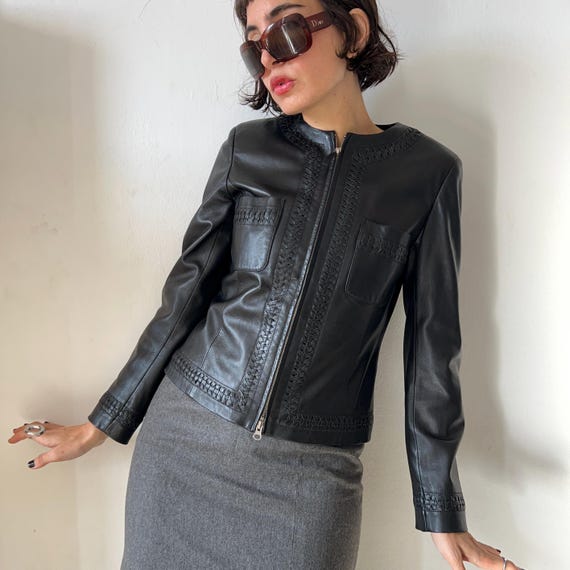 Y2K Cropped Black Leather Biker Jacket: Braided Detail, Size USA 6