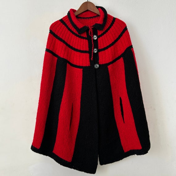 Vintage Hand Knit Striped Cape, 1990s Red Black C… - image 8