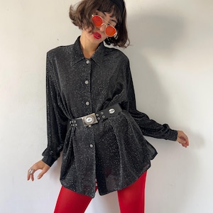 Vintage 80s Lurex Blouse: Black Metallic Glitter Padded Shoulder Shirt