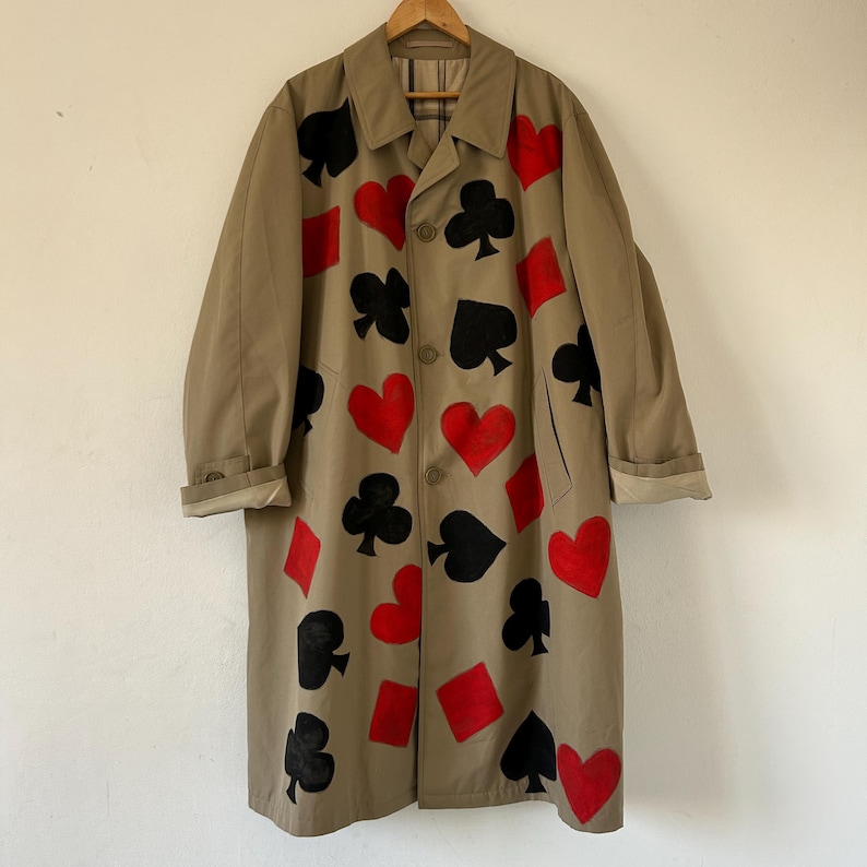 Hand Painted Trench Coat – Card Suits, Harlequin Art, Avant Garde ...
