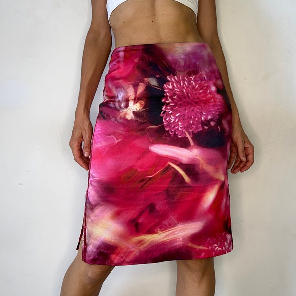Y2K Vintage Silk Midi Skirt with Digital Flower Print - High Waisted Hot Pink Pencil Skirt, All Over Floral Photo Print