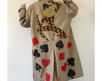 Hand Painted Trench Coat – Card Suits, Harlequin Art, Avant Garde Jacket