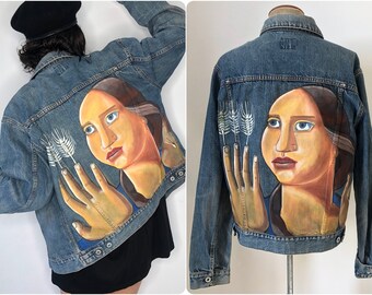 Hand Painted Maruja Mallo's Art Denim Jacket, Woman's Face Print Denim Blazer, Surrealism Art Jean Jacket, Reworked y2k Denim Jacket