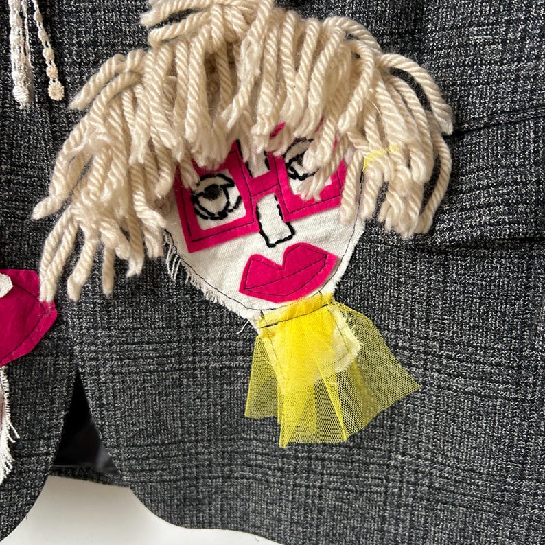 Oversized Patchwork Art Blazer, Reworked Wool Jacket with Face Appliqué, OOAK Statement Coat image 16