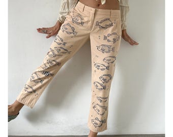 Hand-Painted Miu Miu Capri Trousers: Y2K Graphic Fish Design