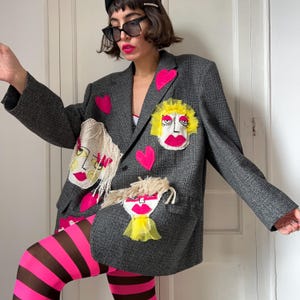 Unique Patchwork Wool Blazer, Women's Face Embroidery, Upcycled Art Jacket, Statement Piece