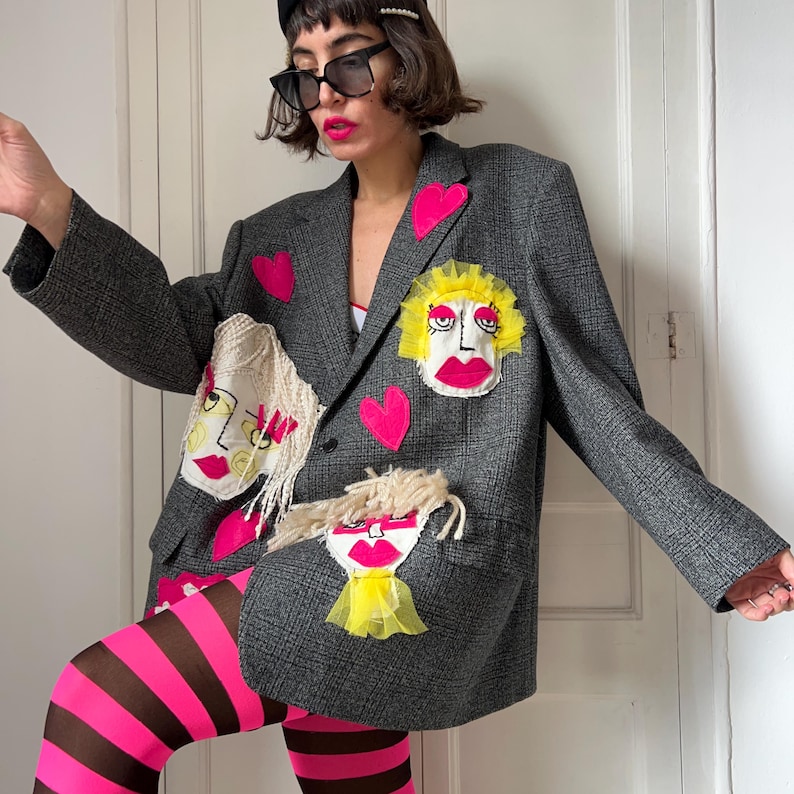 Unique Patchwork Wool Blazer, Women's Face Embroidery, Upcycled Art Jacket, Statement Piece