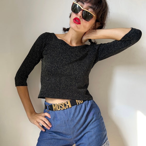 Vintage Disco Lurex Cropped Sweater, 90s Gold Black Lurex Stretchy Top, Rhinestone Top, Metallic 3/4 Sleeve Blouse, Glam Elastic Knit Top