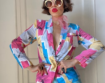 Blazer abstrait pictural vintage des années 90, veste de costume à motif pop art avant-gardiste coloré